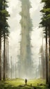 Monumental Scale Digital Art Man Walking Next To Tall Tree In Forest