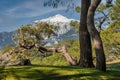 Monumental Tahtali Mountain view from Phaselis beach in Turkey-Antalya, with beautiful pine trees in fronty Royalty Free Stock Photo