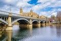 Monumental view of the city of Salamanca with the iron bridge over the Tormes river.