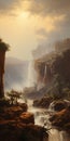 Monumental Vistas: A Majestic Australian Tonalism Waterfall In Historical Genre Style