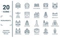 monuments linear icon set. includes thin line bay, christ eemer, cathedral, chartres cathedral, the clock tower, domed churches,