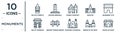 monuments linear icon set. includes thin line galata tower in istanbul, domed churches, monument site, vincent thomas bridge,