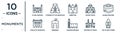 monuments linear icon set. includes thin line id kah mosque, amritsar, kaaba building, denmark, gateway of india, the clock tower