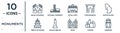 monuments linear icon set. includes thin line milan cathedral, alcala gate, easter island, walled obelisk, canyon, cambodia,