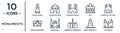 monuments linear icon set. includes thin line moia statues, sagrada familia building, church of the holy family, barcelona, great