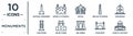 monuments linear icon set. includes thin line national monument monas, russia, borobudur, belem tower, stari most, dome of the