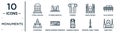 monuments linear icon set. includes thin line potala palace, pompeii, villa savoye, centre georges pompidou, oriental peral tower