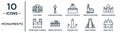 monuments linear icon set. includes thin line pula arena, castle of the holy angel in rome, badshahi mosque, roman theatre of