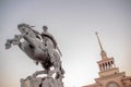 Monument David Sasunskiy in city Yerevan, Armenia. Ancient sculpture of a horse with a stone in his hands. Man riding horse statue