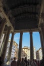 Monuments in Rome, Italy. Pantheon, exit of tourists from the fa