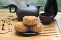 Moocakes with teaset Royalty Free Stock Photo