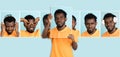 Sad young Africa man holding portraits with different emotions, facial expression isolated on blue background.