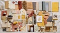 A mood board displaying fabric swatches, paint samples, and design inspirations, showcasing the visual exploration of design