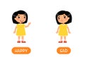 Mood concept, HAPPY and SAD. Childish word card with opposites vector template. Flash card for foreign language with little child Royalty Free Stock Photo