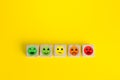 Mood faces from happy to angry on wooden blocks. Concept of rating, review. Visitor satisfaction with the services received. Royalty Free Stock Photo