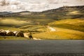 Mood fall photo of Tuscany landscape. Empty space with curve road background for products and decoration.