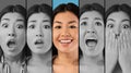 Mood swings in females during day, collage. Asian woman looking at camera, showing various emotions