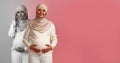 Mood Swings During Pregnancy. Pregnant Muslim Woman In Hijab Expressing Different Emotions