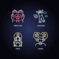 Mood and temperament neon light icons set