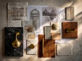 Moodboard features architectural sketches, diverse materials, and design elements, showcasing the creative process in a stylish Royalty Free Stock Photo