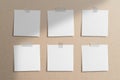 Moodboard template composition with blank photo cards, torn paper, square frames glued with adhesive tape on light coffee color Royalty Free Stock Photo