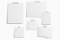 Moodboard template composition with blank photo cards, torn paper, suare frame glued with adhesive tape and isolated on white for