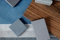 Moodboards showing samples of materials for stylization and choice of architects, including fabric wallpaper, quartz stone, Royalty Free Stock Photo