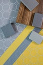 Moodboards showing samples of materials for stylization and choice of architects, including fabric wallpaper, quartz stone, Royalty Free Stock Photo