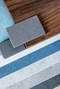 Moodboards showing samples of materials for stylization and choice of architects, including fabric wallpaper, quartz stone, Royalty Free Stock Photo