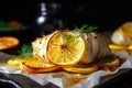 moodily lit close-up of baked cod garnished with lemon Royalty Free Stock Photo