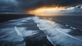 Moody Aerial Landscape Depict a dramatic aerial view of a vast coastline during a stormy sunset