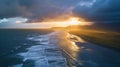 Moody Aerial Landscape Depict a dramatic aerial view of a vast coastline during a stormy sunset