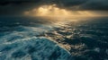 Moody Aerial Landscape Depict a dramatic aerial view of a vast coastline during a stormy sunset