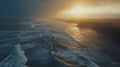 Moody Aerial Landscape Depict a dramatic aerial view of a vast coastline during a stormy sunset