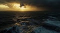 Moody Aerial Landscape Depict a dramatic aerial view of a vast coastline during a stormy sunset