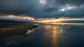 Moody Aerial Landscape Depict a dramatic aerial view of a vast coastline during a stormy sunset Royalty Free Stock Photo