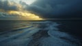 Moody Aerial Landscape Depict a dramatic aerial view of a vast coastline during a stormy sunset