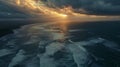 Moody Aerial Landscape Depict a dramatic aerial view of a vast coastline during a stormy sunset