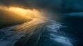 Moody Aerial Landscape Depict a dramatic aerial view of a vast coastline during a stormy sunset