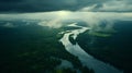 Moody Atmosphere: Aerial View Of Lush Green Riverbank And Vast River