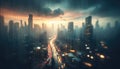 Rainy Cityscape at Twilight, AI Generated Royalty Free Stock Photo