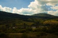 Moody autumn highland village rural country side scenic view of Carpathian mountain in Ukraine October month cloudy weather day