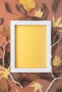 Moody autumn leaves with white frame on earthy background.