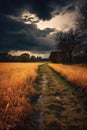 moody autumn scene with dark clouds over a field