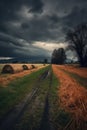 moody autumn scene with dark clouds over a field