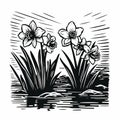 Moody Black And White Daffodils Woodcut Print With Water