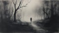 Moody Black And White Illustration Of A Man Walking Through Misty Forest Royalty Free Stock Photo