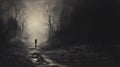 Moody Black And White Painting: Lone Male Walking Down A Dark Path With Candle