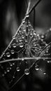 Moody Black and White Spider Web with Captivating Rain Drops in Low Key Lighting .