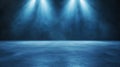 Moody blue-lit stage with spotlights shining down on an empty floor, creating a dramatic and atmospheric scene